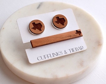 Texas Cherry Cufflink and Tie Bar Set, Fathers Day Gift, Wood Gift for Dad, Wood Dad Gift, Mens Gift, Husband Gift, Texas Engraved Cherry