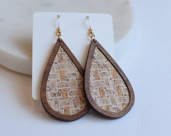 Golden Basketweave Wood + Cork Teardrop, wood earrings, wooden earrings, cork earrings, lightweight earrings, gold and natural cork