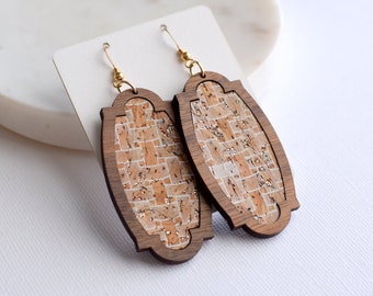 Golden Basketweave Wood + Cork Heirloom, wood earrings, wooden earrings, cork earrings, lightweight earrings, gold and natural cork earrings