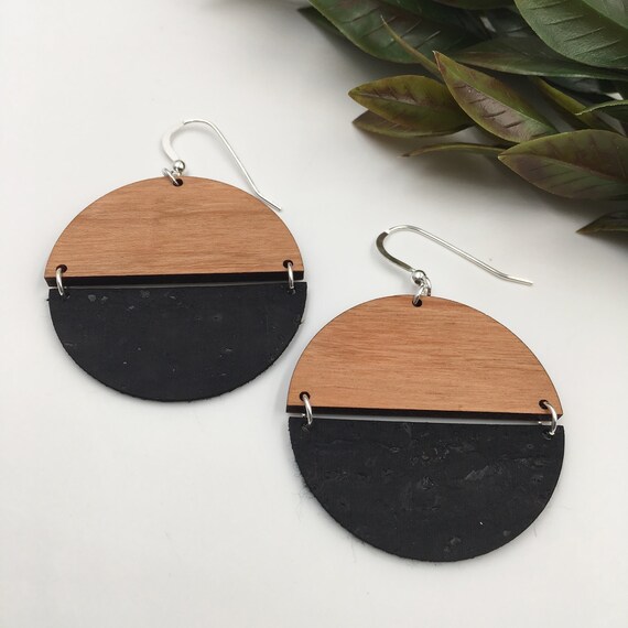 Cherry Wood and Black Cork Disc Hinged Earrings Lightweight | Etsy