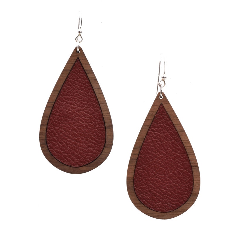 Maroon Wood Leather Teardrop Earrings, Leather earrings, lightweight earrings, maroon earrings, wood earrings, wooden earrings, gift image 2