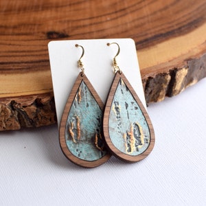 Turquoise Distressed Wood + Leather Teardrop Earrings,  Fall earrings, wooden earrings, wood earrings, fall accessories, western earrings