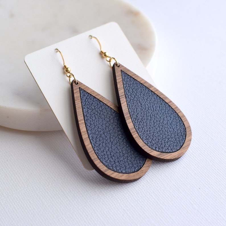 Navy Wood Leather Teardrop Earrings, Leather earrings, lightweight earrings, silver earrings, wood earrings, wooden earrings, gift image 1