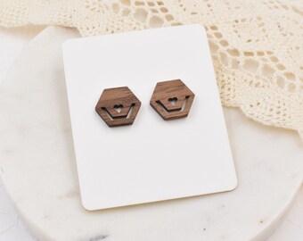 Minimalist Walnut Hexagon Studs, wooden studs, wood earrings, wooden earrings, exotic wood studs, walnut wood studs, modern wood studs