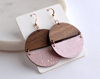 Blush Cork Hinged Disc, Wood and Cork Earrings, Cork Earrings, Lightweight earrings, wooden earrings, wood earrings, laser cut earrings