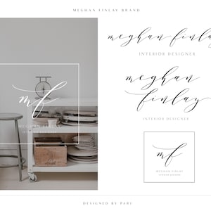 May include: A logo design for an interior designer called Meghan Finlay. The logo features a handwritten script font with the name "Meghan Finlay" and the words "Interior Designer". The logo is displayed in three different variations, including a monogram with the initials "MF".