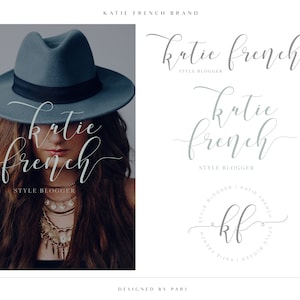 May include: A logo design for a style blogger named Katie French. The logo features a handwritten script font in a light blue colour. The text reads "katie french" and "style blogger".