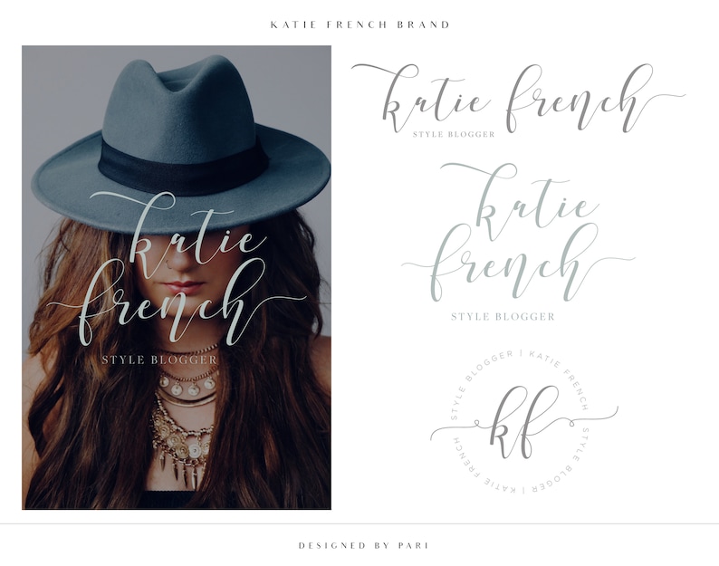 May include: A logo design for a style blogger named Katie French. The logo features a handwritten script font in a light blue colour. The text reads "katie french" and "style blogger".