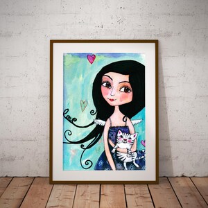 Stampa gatto, Poster ragazza, Stampa asilo nido, Ragazza e gatto, disegno, acquerello, poster, Stanza dei bambini, Stampa ragazza, Decorazione sala giochi, baby room, stampa animale