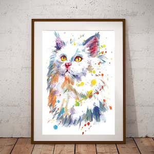 Stampa gatto, poster gatto bianco, stampa gatto bianco, fatto a mano, disegno, acquerello, camera bambini, ragazza, ragazzo, arredamento muro, baby room, stampa animale, gatto