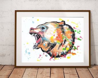 Nadruk z niedźwiedziem, plakat z niedźwiedziem, nadruk ze zwierzęciem, rękodzieło, wydruk artystyczny, rysunek, rękodzieło, malarstwo, dekoracja pokoju, dekoracja pokoju zabaw, nadruk ze zwierzęciem, ilustracja
