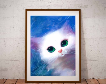 Cat print, White cat poster,White cat print, art print, drawing, watercolor, Kids room, girl, boy, wall decor, baby room, animal print, Cat