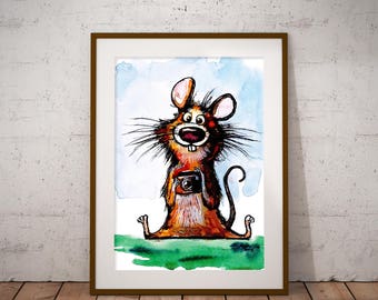 Nadruk z myszką, plakat z myszką, nadruk do pokoju dziecięcego, nadruk ze zwierzętami, rysunek, akwarela, plakat, pokój dziecięcy, dekoracja do pokoju zabaw, pokój niemowlęcy, nadruk ze zwierzętami, sztuka