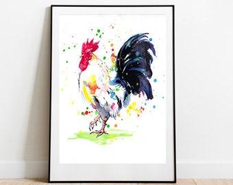 Impression de coq, affiche de coq, impression d'animal, fait main, impression d'art, dessin, fait main, peinture, décoration de chambre, aquarelle, décoration, impression d'enfants, art