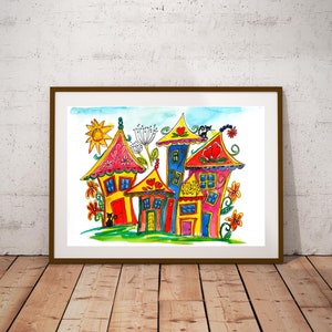 Stampa Hous, poster dell'asilo nido,stampa dell'asilo nido, stampa d'arte, disegno, acquerello, poster,Camera dei bambini, ragazza, arredamento sala giochi,baby room,stampa animale, Gatti