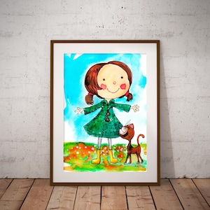 Stampa gatto, Poster ragazza,stampa nursery, Ragazza e gatto, disegno, acquerello, poster, camera bambini, stampa ragazza, arredamento sala giochi, stanza del bambino,stampa animale