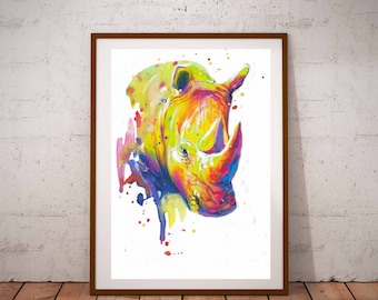 Grafika z nosorożcem, Nosorożec, Plakat z nosorożcem, Grafika do pokoju dziecięcego, Grafika, Rysunek, Akwarela, Pokój dziecięcy, Dekoracja do pokoju zabaw, Pokój niemowlęcy, Grafika ze zwierzętami