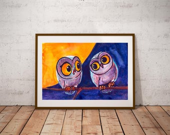 2 Owls print, Nursery print, Owl poster, kids room print, funny owl, handmade, Owl print, art poster, handmade, animal print, family gift,