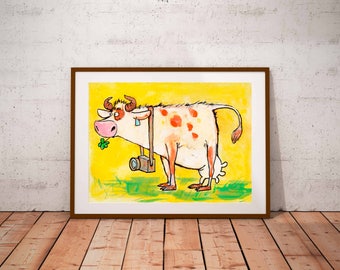 Cow print, Cow poster,animal print,handmade, art print,drawing, handmade, painting, room decor, playroom decor,animal print, illustration