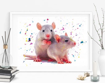 Huella de rata, pareja de ratas, huella de mascota, animal, roedor, hecho a mano, guardería, dibujo, hecho a mano, pintura, pérdida de mascota, acuarela, huella animal, Giclée