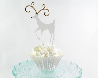 White Reindeer Christmas Cupcake Topper