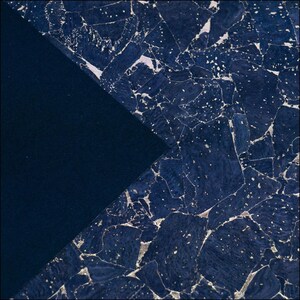 May include: Abstract image featuring a dark navy blue, textured, triangular shape against a background of dark blue, mosaic-like pattern with silver accents. The contrasting textures and colors create a modern design.