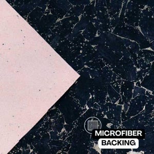 May include: A sheet of material featuring a dark navy blue surface with a textured, fragmented pattern and silver-toned veining, partially overlaid by a smooth, light pink triangular section. Text reads MICROFIBER BACKING.