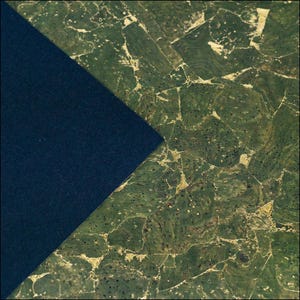 May include: Abstract square image with a dark navy blue triangle overlapping a green and gold patterned surface. The surface has a marbled appearance with irregular shapes and textures.
