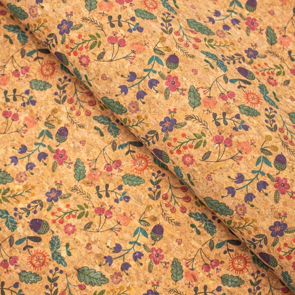 Cute bird, hazelnut and green leaves pattern Cork fabric cork textile cork leather sheets Liège Kork COF-382