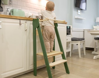 Durable Wooden Kitchen Tower for Toddlers - Learning, Step, and Stool All-in-One