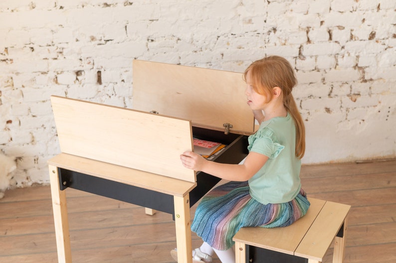 Mesa y silla inteligente de ahorro de espacio para niños, Set de estudio Montessori con almacenamiento, Muebles infantiles funcionales imagen 5