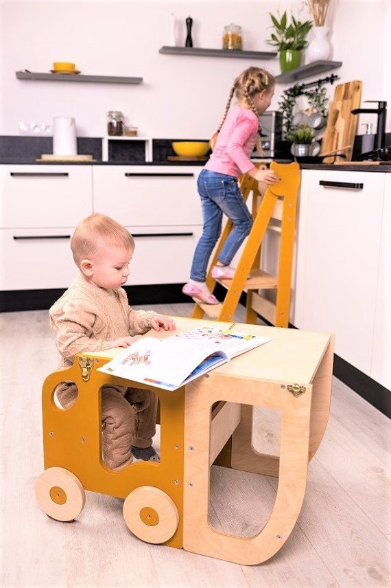 2-in-1 Toddler Kitchen Step Stool and Table Set, Convertible Toddler Step Stool and Table - Space-Saving Solution