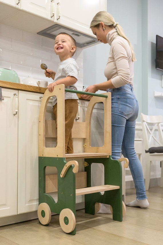 Step Stool, Wooden Montessori Kitchen Step Stool - Transforming Table and Chair Set for Child Learning and Play
