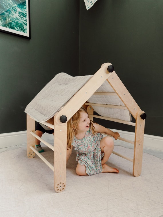 Montessori Climbing Triangle with Sliding Ramp - Natural Wood Play Set