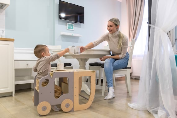 Child-Safe Wooden Kitchen Step Stool - Montessori-Style Convertible Table and Chair for Toddlers