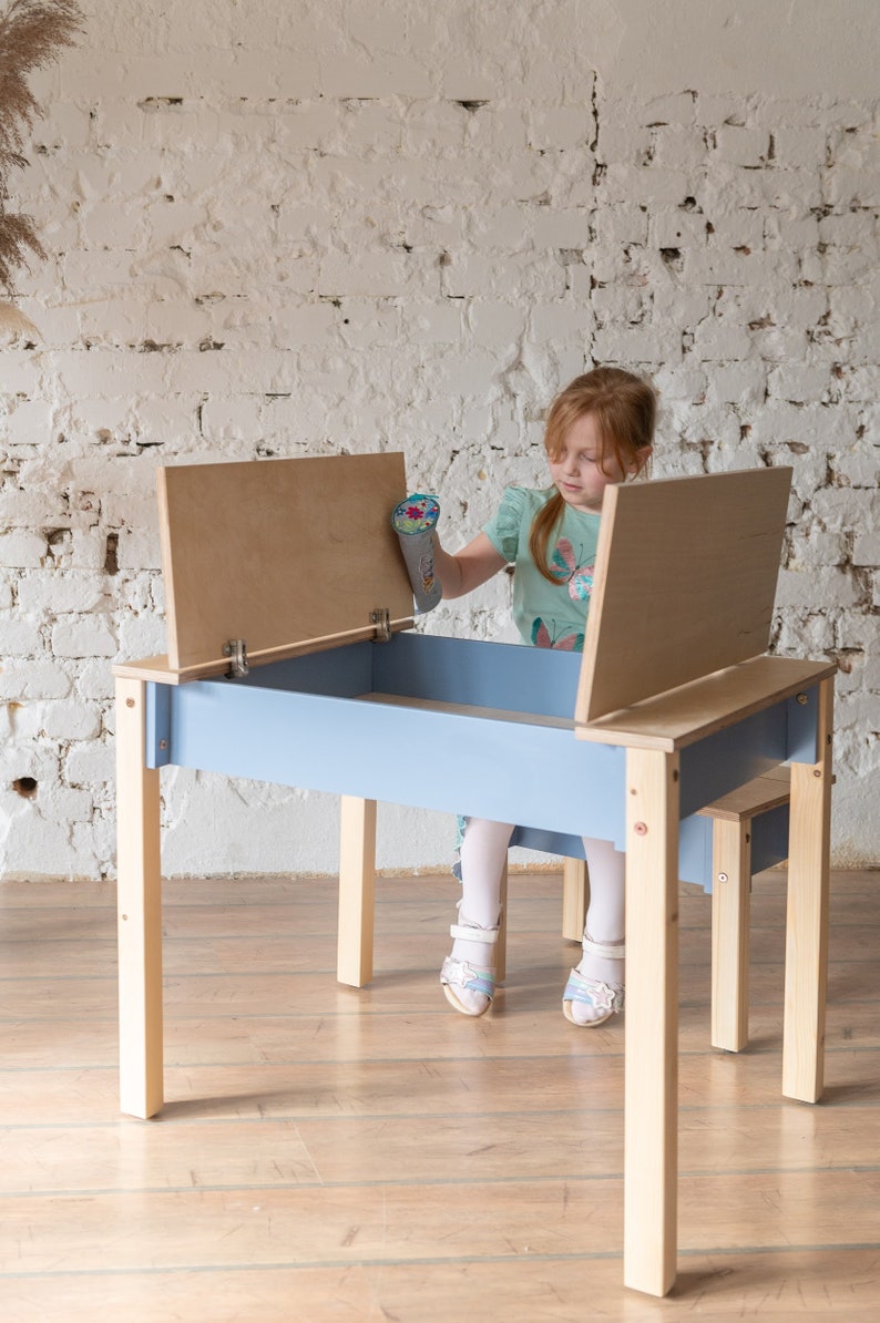 Mesa y silla inteligente de ahorro de espacio para niños, Set de estudio Montessori con almacenamiento, Muebles infantiles funcionales imagen 2