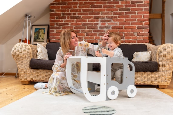 Toddler Learning Step, Tower Montessori – Wooden Kitchen Helper Step Stool, 2-in-1 Table & Chair