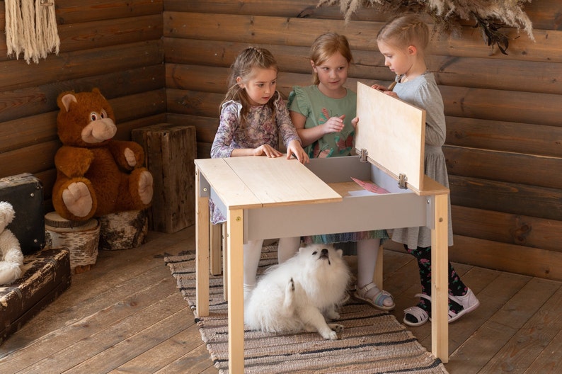 Mesa y silla inteligente de ahorro de espacio para niños, Set de estudio Montessori con almacenamiento, Muebles infantiles funcionales imagen 4