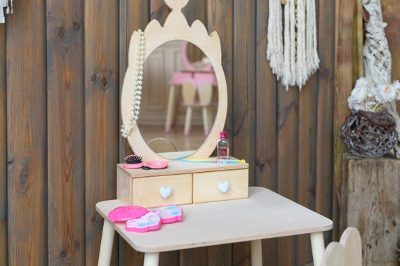 Tavolo da toeletta principessa con specchio, tavolo da toeletta per neonata  con specchio e sedia, tavolo da trucco per bambini, tavolo da toeletta  principessa e sedia -  Italia