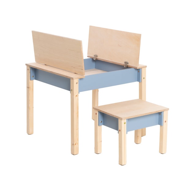 Intelligenter platzsparender Tisch und Stuhl für Kinder, Montessori-Studien-Set mit Aufbewahrung, Funktionale Kindermöbel