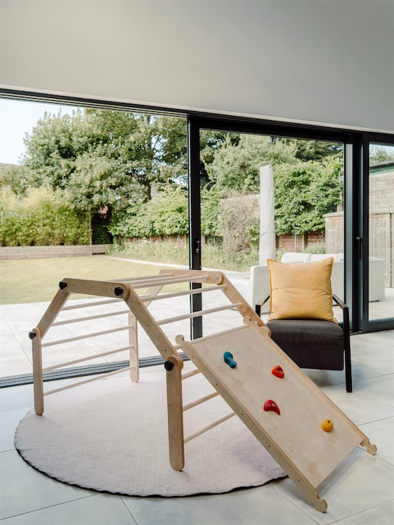 Montessori Climbing Triangle with Sliding Ramp - Natural Wood Play Set
