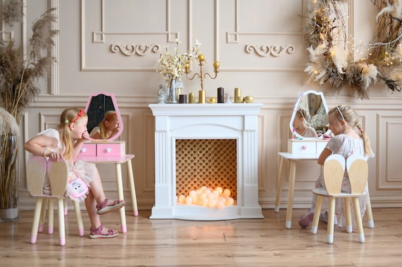 Vanity Set, Magical Princess Beauty Table and Chair, Children's Vanity Set with Mirror, Kids Dressing Table Playset
