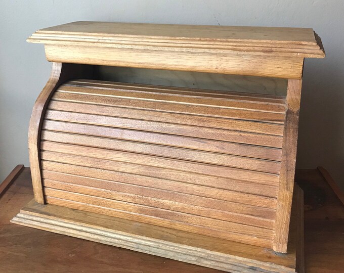 Vintage Wooden Roll Top Bread Box, Wood Kitchen Bread Keeper, Rustic Farmhouse Kitchen Decor