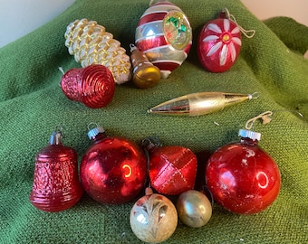 Vintage Christmas Ornaments, 11 Piece Red Ornament Lot Set, Red Metallic Holiday Ornaments, Retro Christmas, Mid Century Mercury Glass