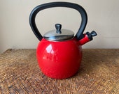 Red Enamel Tea Kettle, Vintage Tea Pot, Teapot, Water Kettle, Red Kitchen Decor, Tea Service, Metal Tea Kettle