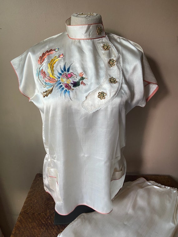 Mid Century Satin Pajamas, Embroidered Pajamas, T… - image 3