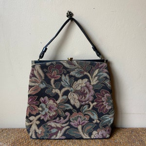 Bolso tapiz floral, bolso vintage con asa superior, cartera floral negra, bolso, cartera