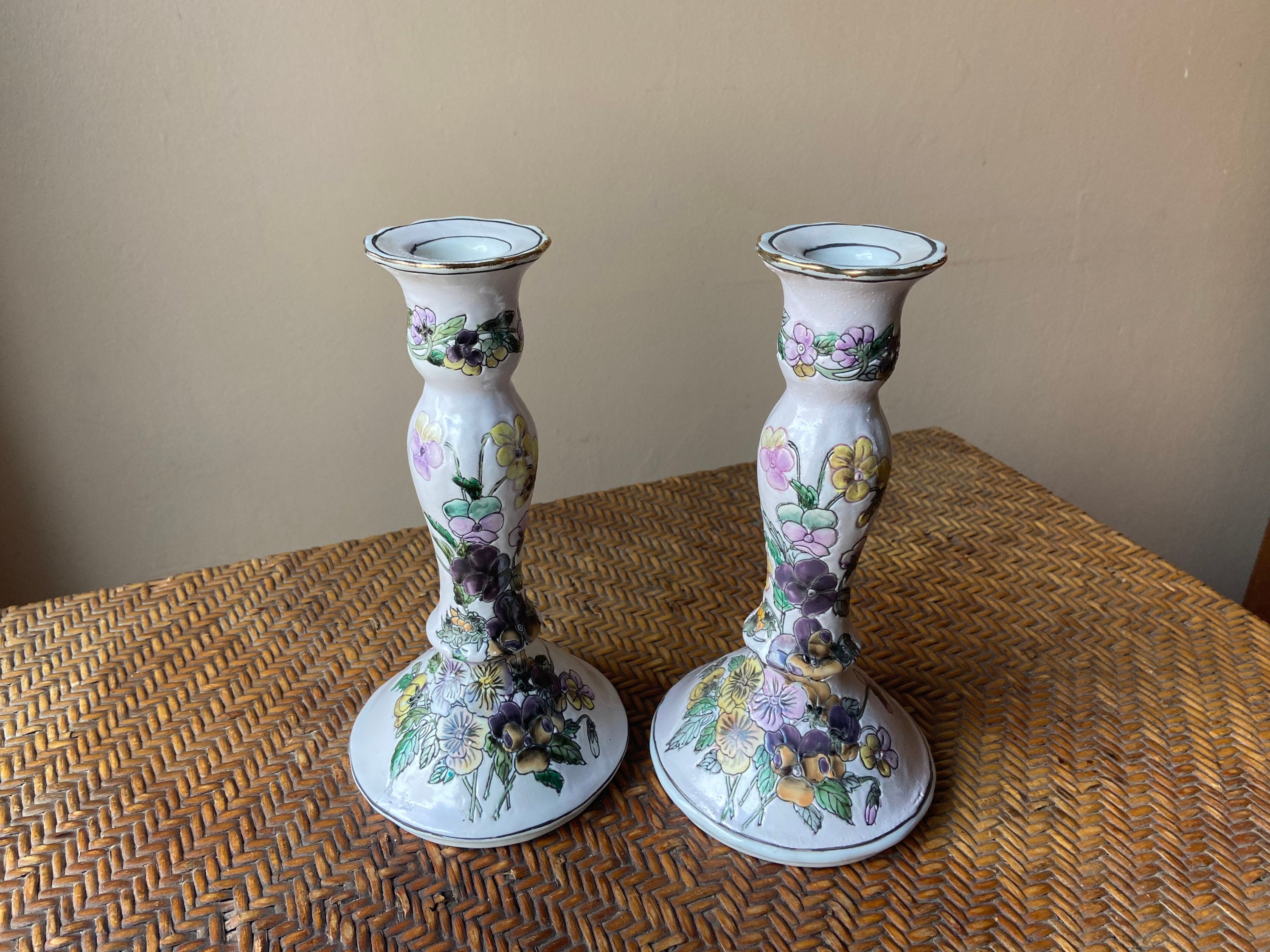 Pair of Chinoiserie Pale Yellow Porcelain Candle Stick Holder Floral Pattern 