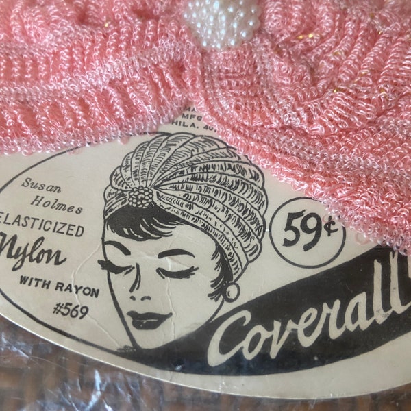 Mid Century Nylon Hat, Vintage Coverall Cap, Pink Pearl Turban, Susan Holmes, Unopened 1950's Accessory, Nylon Turban, Costume