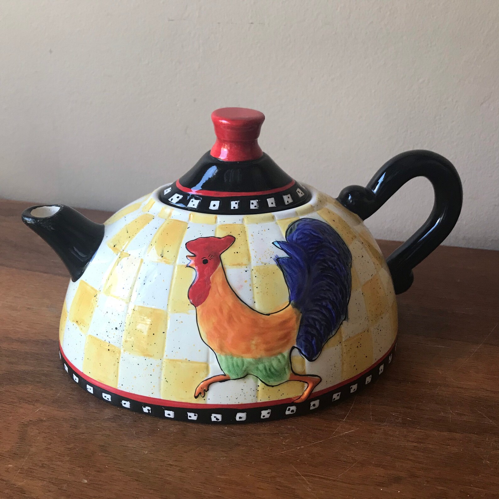 Ceramic Tea Pot Vintage Rooster Teapot Yellow Blue Glaze Etsy